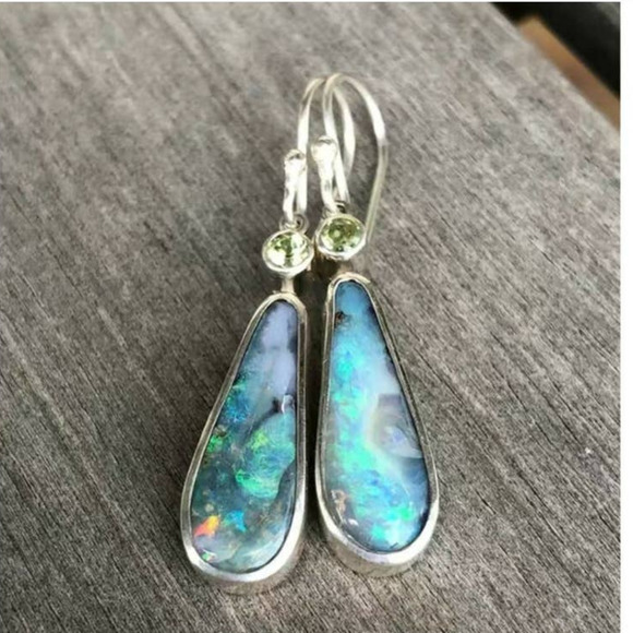 Bohemian Faux Opal Drop Dangle Earrings Light Blue Green Lightweight - Picture 2 of 9